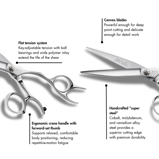 Sam Villa Artist Series Shear 6.25-inch with sculpted ergonomic crane handle, convex blades, and molybdenum alloy steel for precise wet or dry hair cutting.