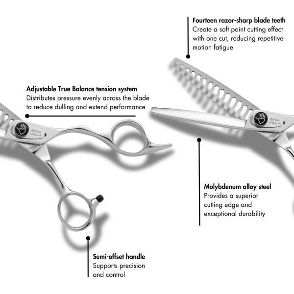 Sam Villa Classic Series Point Cutting Shear with long, narrow convex blades and semi-offset handle, ideal for deep, precise point cutting on wet or dry hair.