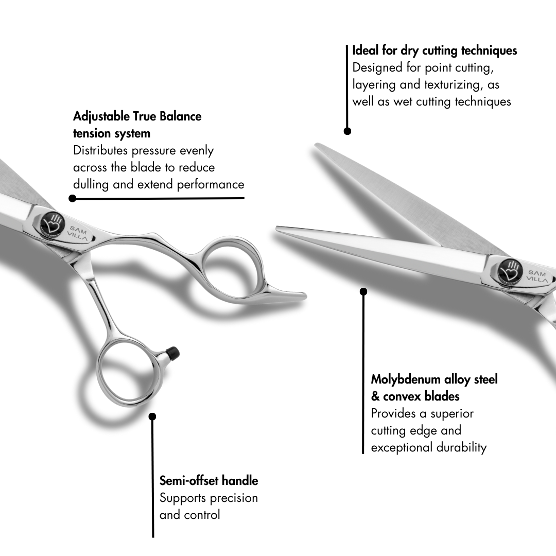 Sam Villa Classic Series Dry Cutting Shear with longer, sharper convex blades for smooth, precise dry cutting and texturizing, featuring a traditional semi-offset handle, sculpted finger rings, and molybdenum alloy steel construction for professional stylists.