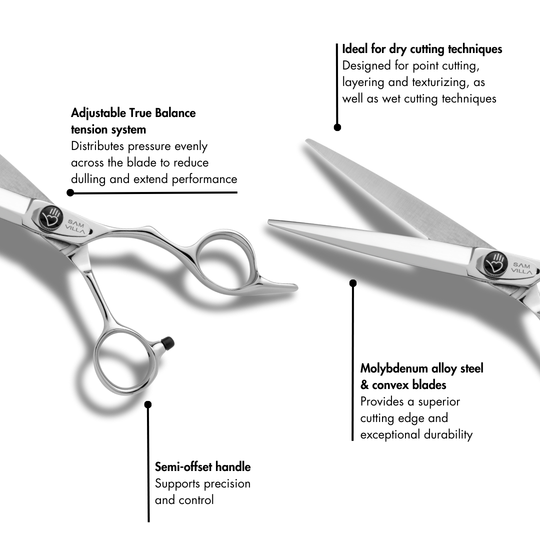 Sam Villa Classic Series Dry Cutting Shear with longer, sharper convex blades for smooth, precise dry cutting and texturizing, featuring a traditional semi-offset handle, sculpted finger rings, and molybdenum alloy steel construction for professional stylists.