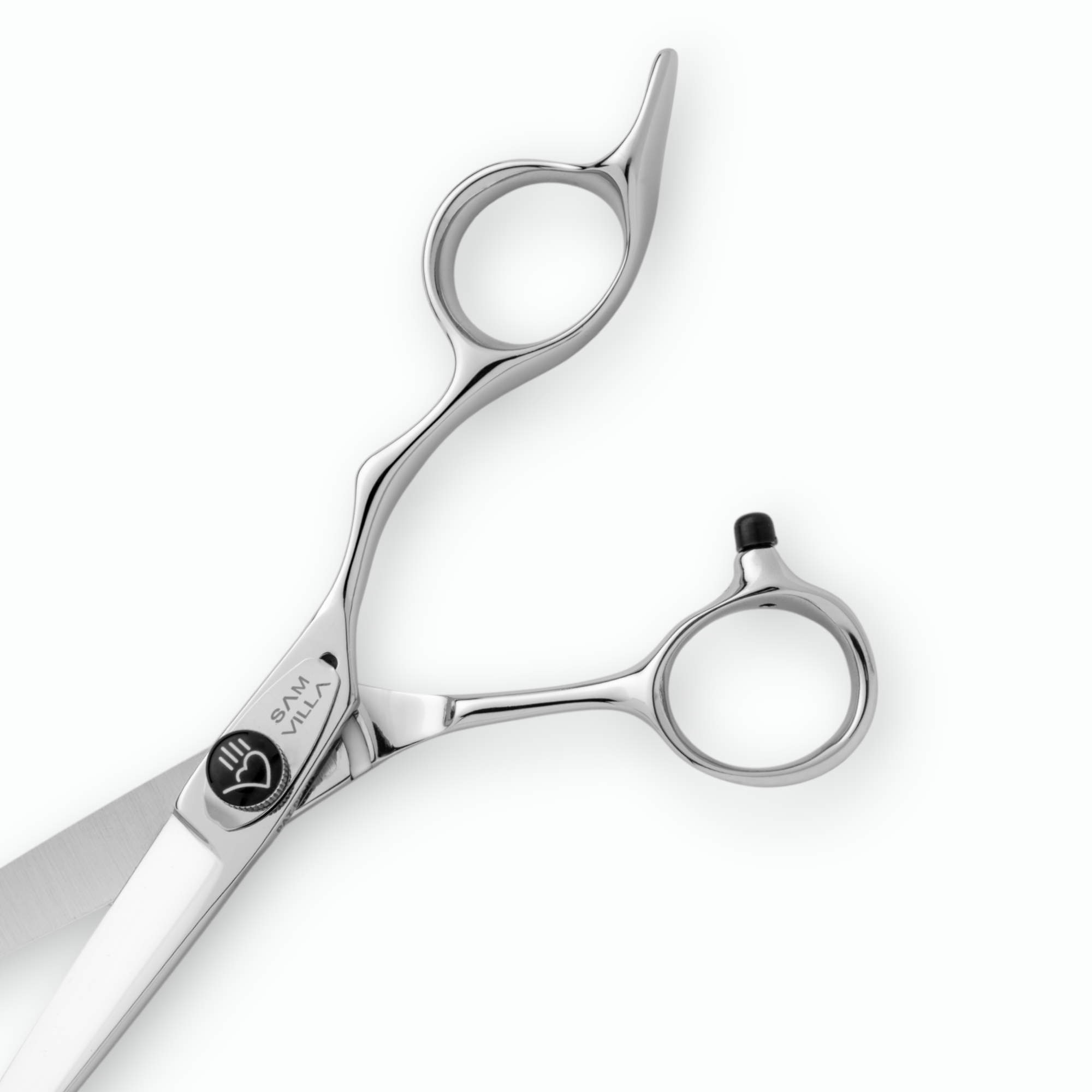 Close-up of Sam Villa classic series professional hair cutting shears, featuring sleek silver blades and ergonomic handles on a white background.