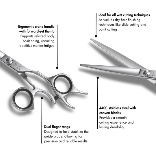 Ergonomic forward-set handle on the Sam Villa Essential Series Shear for comfortable all-day use.