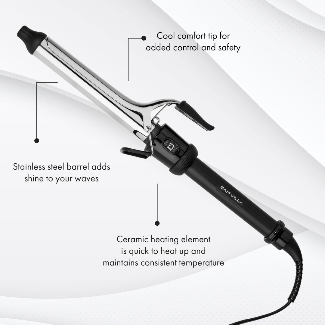 Signature Series Pro Curling Iron Features: Cool comfort tip for added control and safety. Stainless steel barrel adds shine to your waves. Ceramic heating element is quick to heat up and maintains consistent temperature