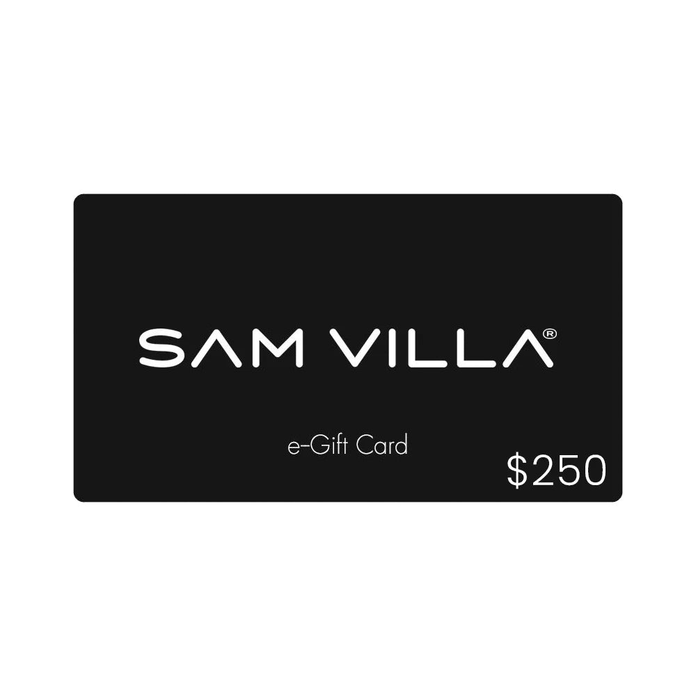 Sam Villa $250 e-Gift Card featuring a black background with white text and logo.