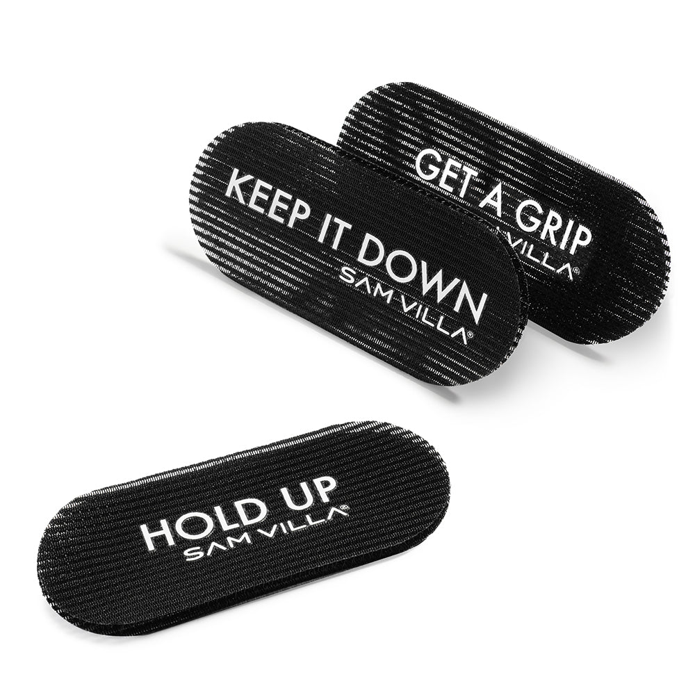 Sam Villa hair sectioning clips labeled 'KEEP IT DOWN,' 'GET A GRIP,' and 'HOLD UP,' designed for secure and easy hair styling.