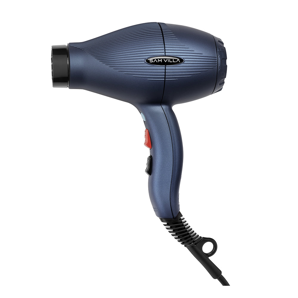 Sam Villa Light Ionic blow dryer in a midnight blue color, featuring a sleek design with ergonomic handle.