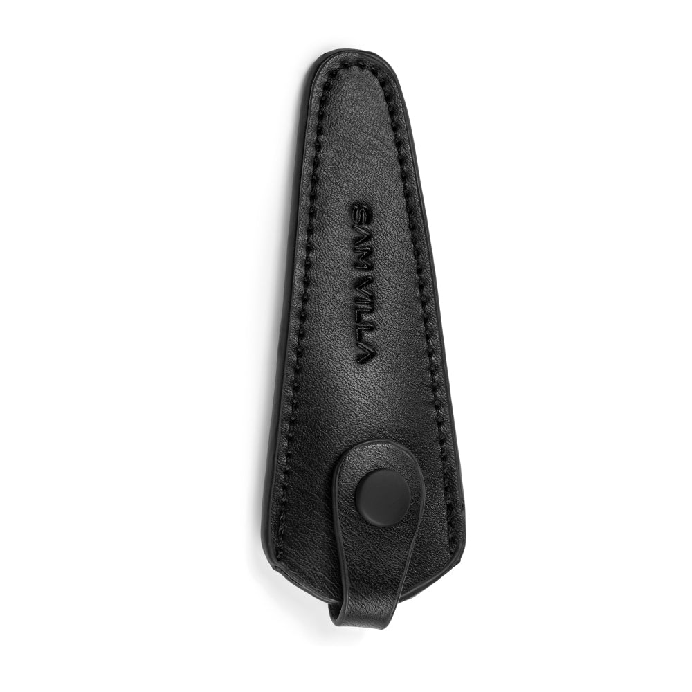 A black leather sheath with "SAM VILLA" embossed, designed for holding hair styling tools securely.