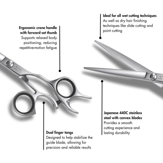Sam Villa Essential Series Shear with ergonomic forward-set handle, convex blades, and Japanese stainless steel for smooth, comfortable wet or dry hair cutting.