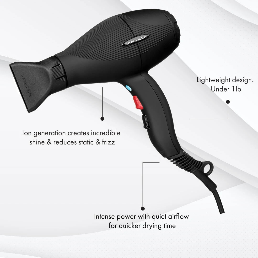 Professional lightweight, quiet ionic blow dryer for fast drying and frizz reduction. Salon-grade hair dryer with ergonomic design for more shine and less frizz. 