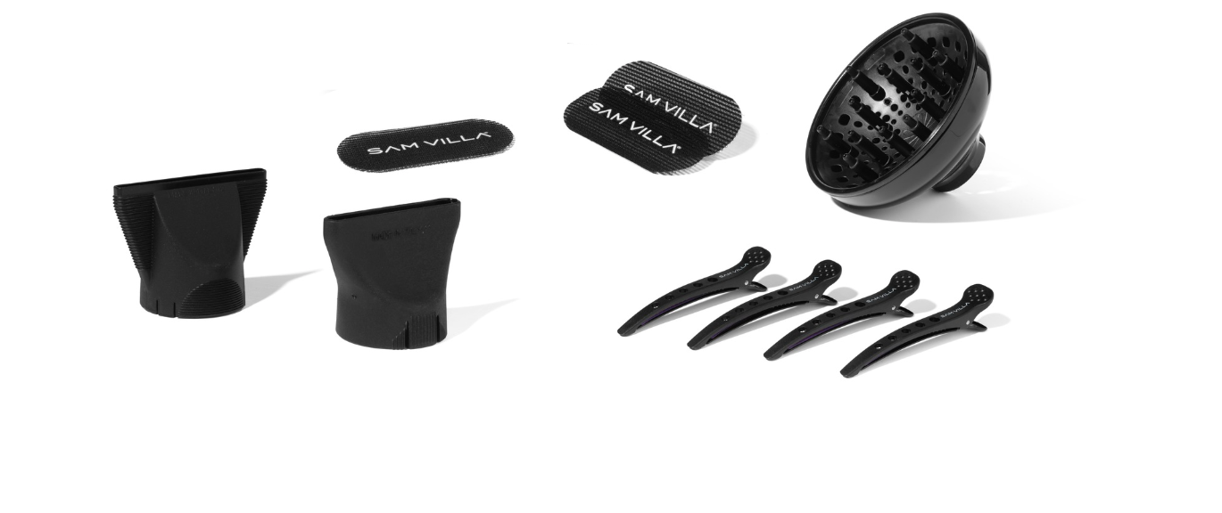 Bundle of Sam Villa Blow-Dryer Nozzles, hair grips, clips, and diffuser.