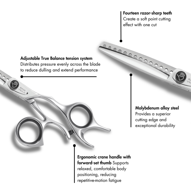 Sam Villa Signature Series Point Cutting Shear with 6.25-inch convex blades, ergonomic crane handle, and molybdenum alloy steel for effortless, precise point cutting.