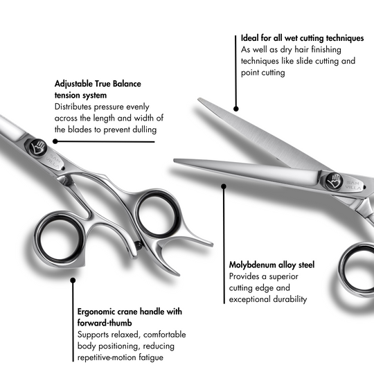 Sam Villa Signature Series Wet Cutting Shear with ergonomic crane handle and forward-set thumb, handcrafted convex blades, and True Balance ball bearing tension system for smooth, precise wet or dry hair cutting by professional stylists.