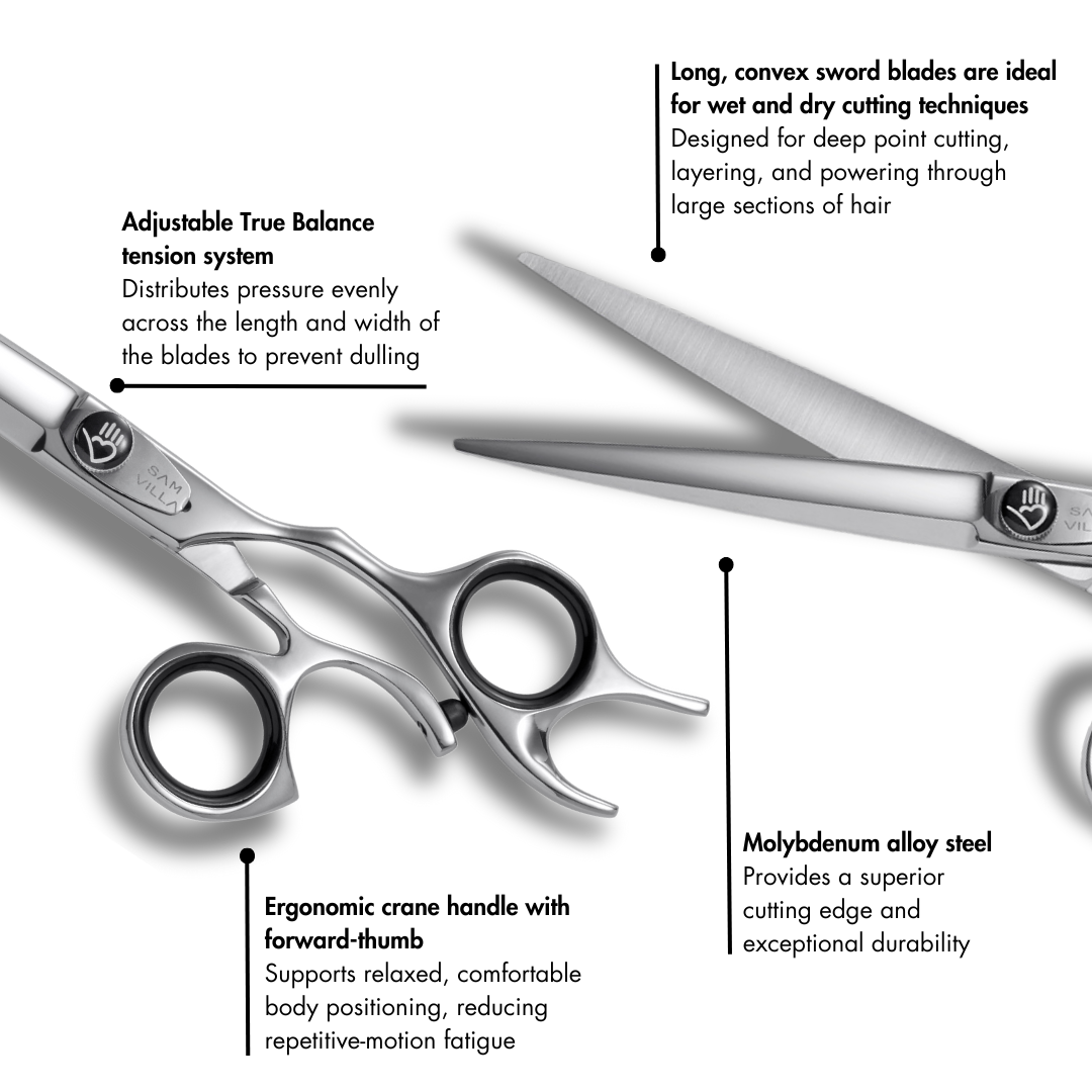 Sam Villa Signature Series Dry Cutting Shear with 7-inch sword blade and ergonomic crane handle, crafted from molybdenum alloy steel, designed for smooth, precise dry hair cutting and deep point cutting by professional stylists.