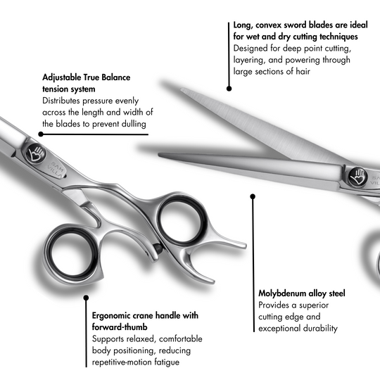 Sam Villa Signature Series Dry Cutting Shear with 7-inch sword blade and ergonomic crane handle, crafted from molybdenum alloy steel, designed for smooth, precise dry hair cutting and deep point cutting by professional stylists.