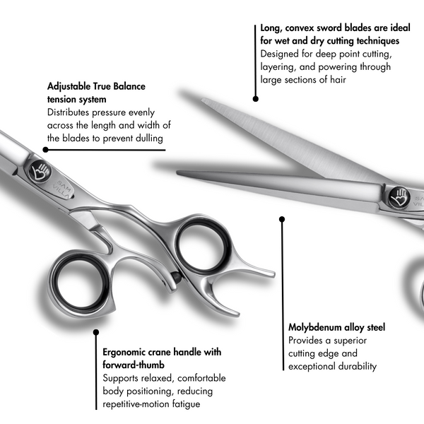 Sam Villa Signature Series Dry Cutting Shear with 7-inch sword blade and ergonomic crane handle, crafted from molybdenum alloy steel, designed for smooth, precise dry hair cutting and deep point cutting by professional stylists.