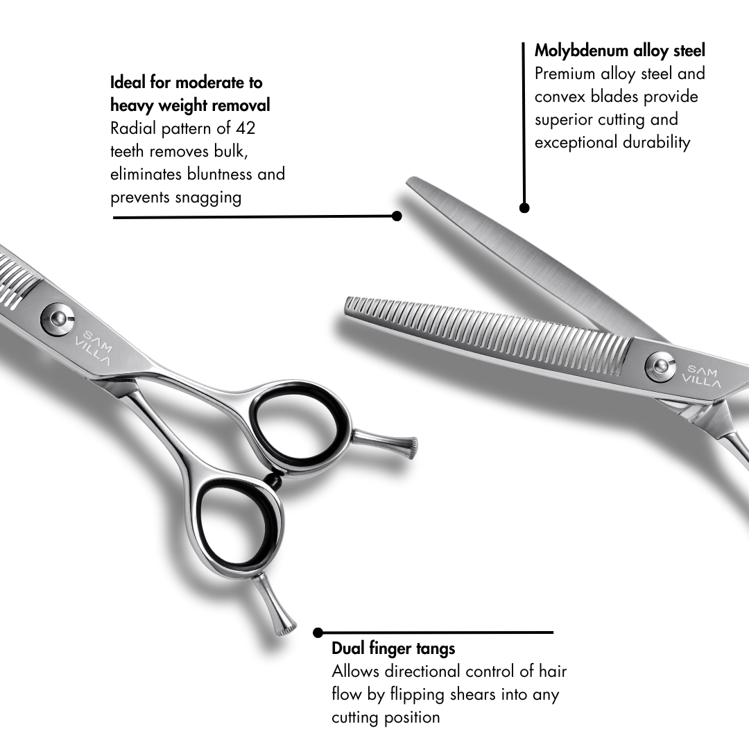 Sam Villa Signature Series Reversible Blending Shear with 42 curved V-tip teeth for fast, seamless blending and texturizing, and molybdenum alloy steel construction, ideal for wet or dry cutting by professional stylists