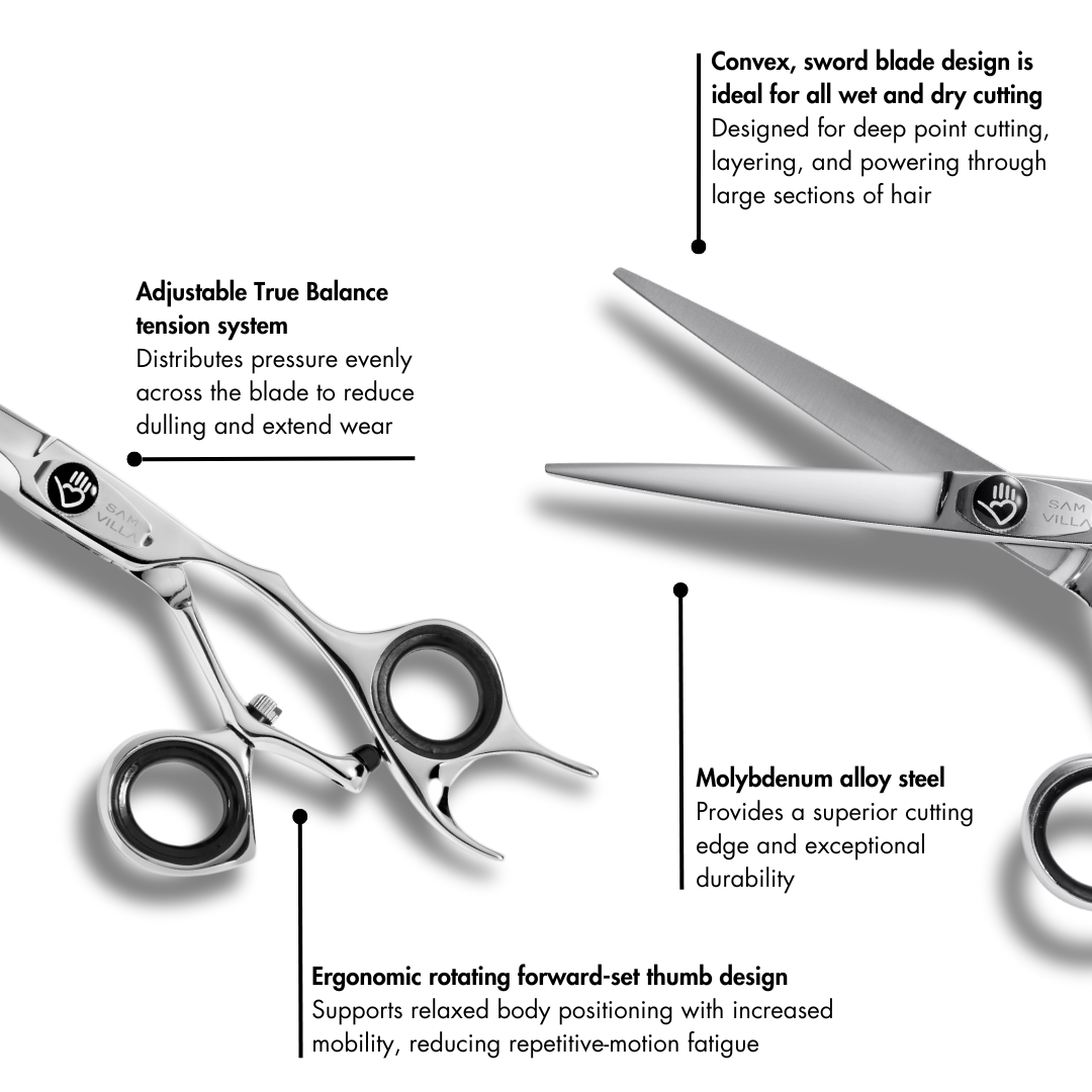 Sam Villa Signature Series Dry Cutting Swivel Shear with 7-inch sword blade and ergonomic crane handle, crafted from molybdenum alloy steel, designed for smooth, precise dry hair cutting and deep point cutting by professional stylists.