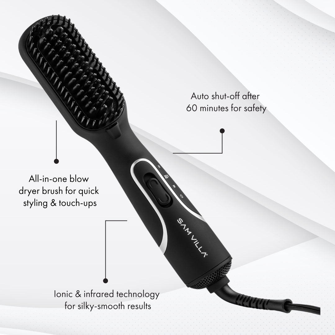 infographic of a Sam Villa blow dryer brush, highlighting features such as all-in-one styling, ionic and infrared technology for smooth results, and a 60-minute auto shut-off for safety.
