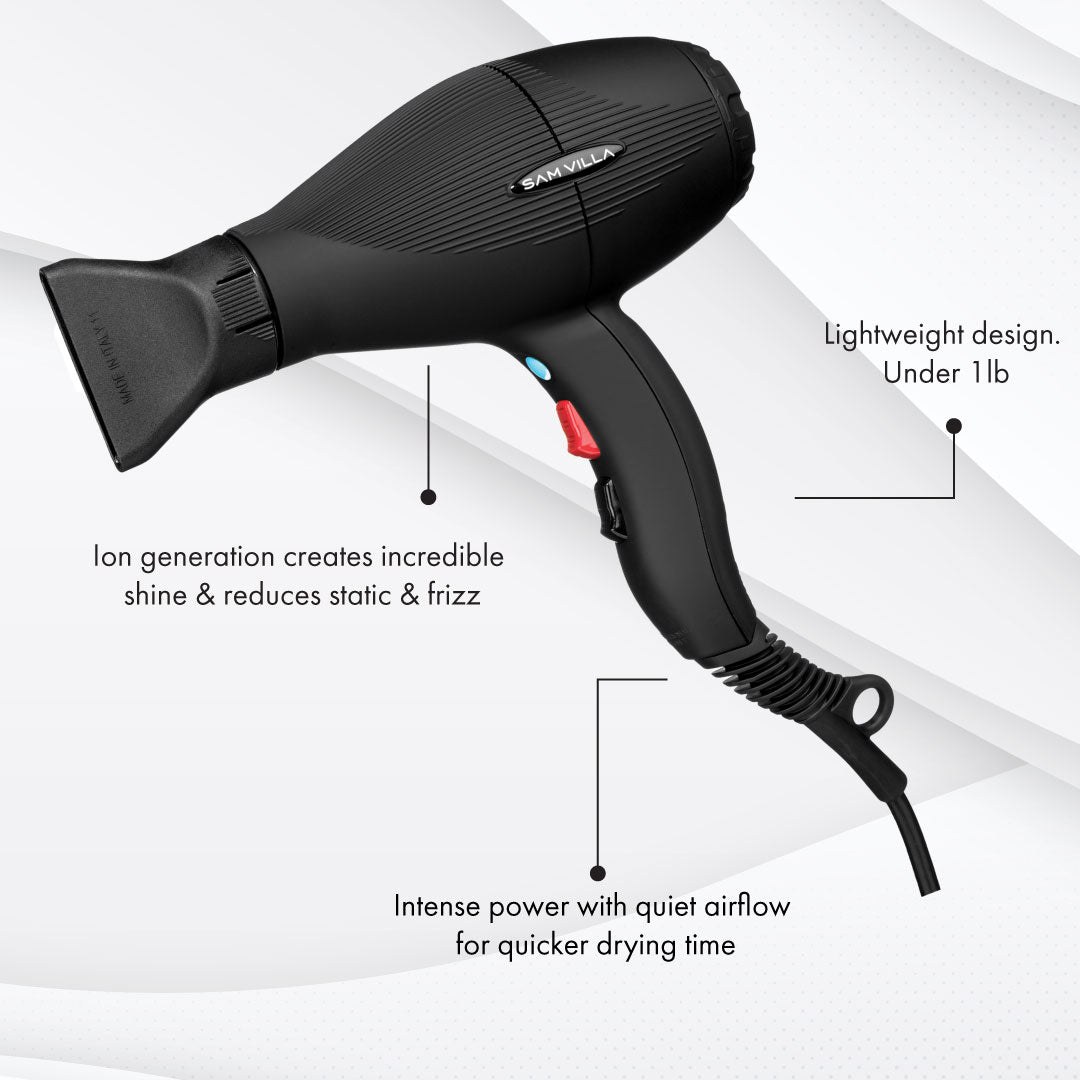 Photo of Sam Villa Pro Light Ionic Blow Dryer with text describing features on white background.