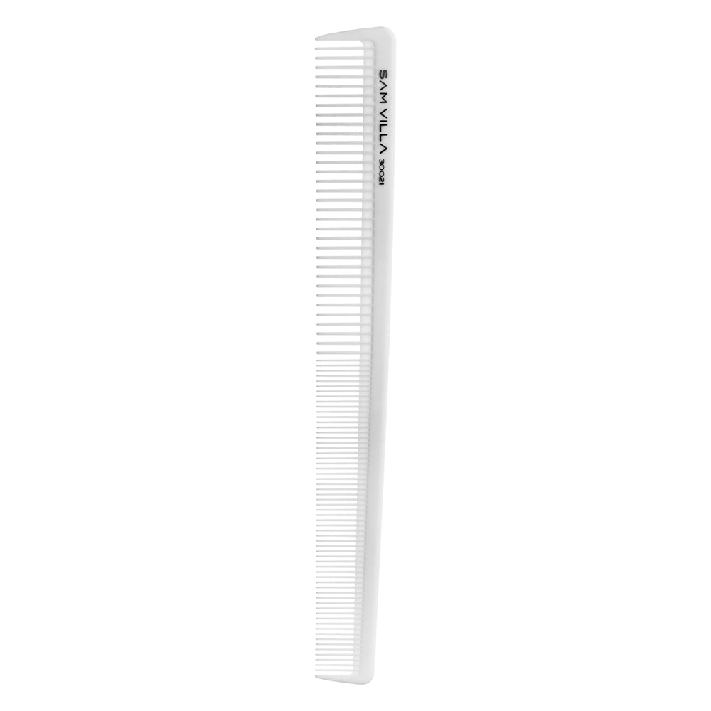 Sam Villa Artist Series Detail Comb, professional barber detail comb with slim design and fine teeth for precision shear-over-comb and clipper-over-comb techniques, flexible yet strong for intricate tapering and fading, contoured handle for control around ears and neckline, essential hair cutting tool for barbers and stylists