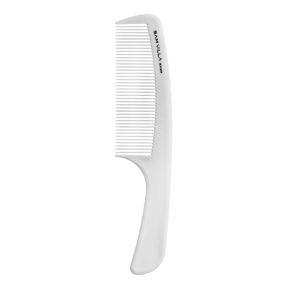 Sam Villa Artist Series Handle Comb, professional barber comb with slim flat design and contoured handle for comfort and control, ideal for precision shear over comb, clipper over comb, clean tapers, and blending, strong durable construction, essential hair cutting tool for stylists and barbers