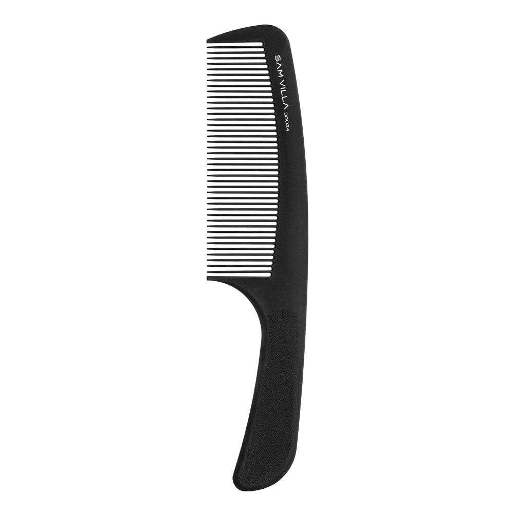 Sam Villa Artist Series Handle Comb, professional barber comb with slim flat design and contoured handle for comfort and control, ideal for precision shear over comb, clipper over comb, clean tapers, and blending, strong durable construction, essential hair cutting tool for stylists and barbers