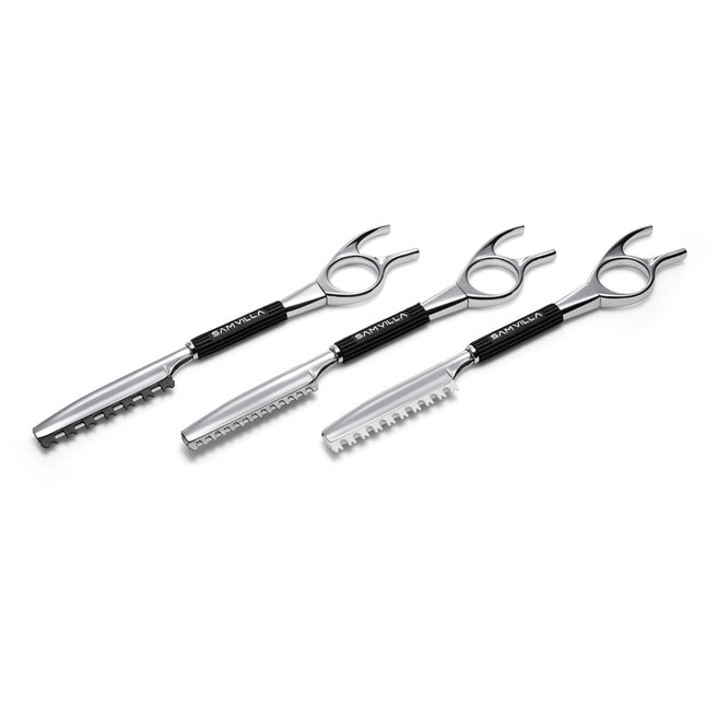 Sam Villa Signature Series Razor Trio, professional haircutting razors with ergonomic swivel handles, ultra-sharp stainless steel blades, precision control for blending, texturizing, point cutting, and detail work, balanced metal handle, salon-quality hair styling tools for stylists and barbers