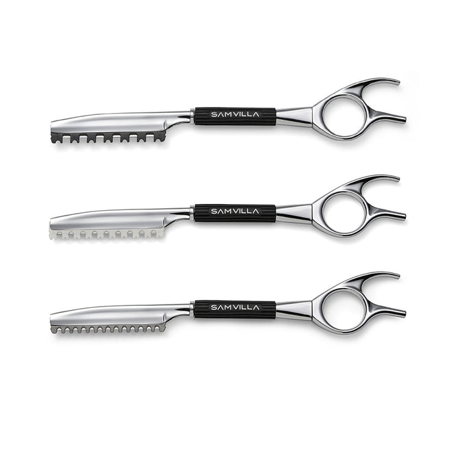 Sam Villa Signature Series Razor Trio, professional haircutting razors with ergonomic swivel handles, ultra-sharp stainless steel blades, precision control for blending, texturizing, point cutting, and detail work, balanced metal handle, salon-quality hair styling tools for stylists and barbers