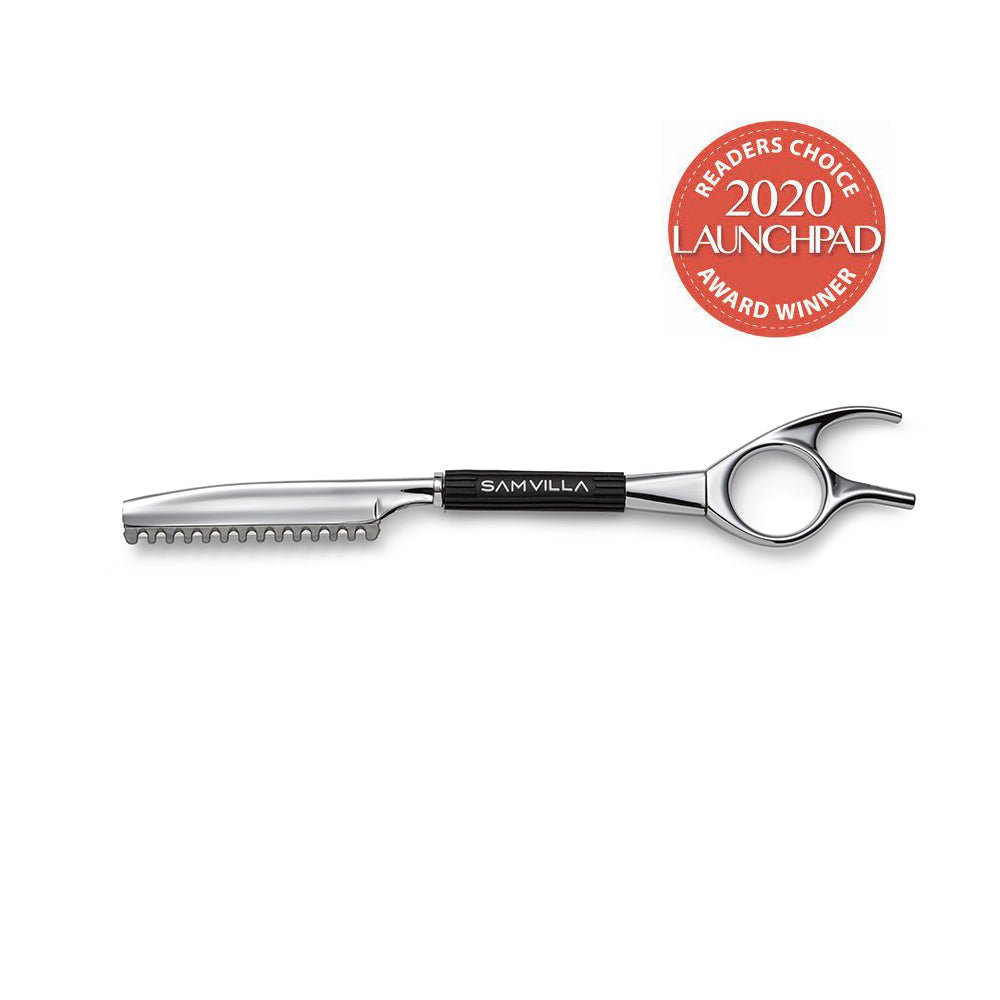 Sam Villa signature series razor comb with ergonomic handle, featuring a 2020 Launchpad Readers' Choice Award Winner badge.