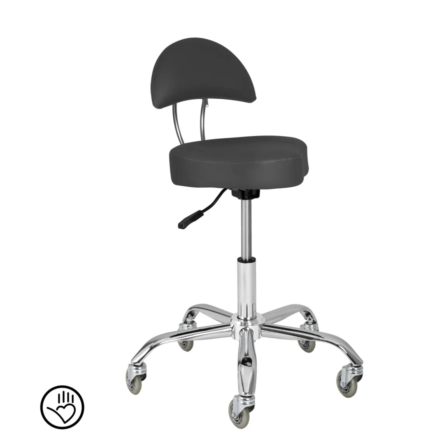 Sam Villa Signature Series Cutting Stool, professional hydraulic adjustable cutting chair with thick memory foam seat, supportive backrest, and adjustable footrest, ergonomic design for comfort and posture support, smooth rolling casters, ideal for hairdressers and stylists to reduce fatigue and promote healthy working posture in the salon
