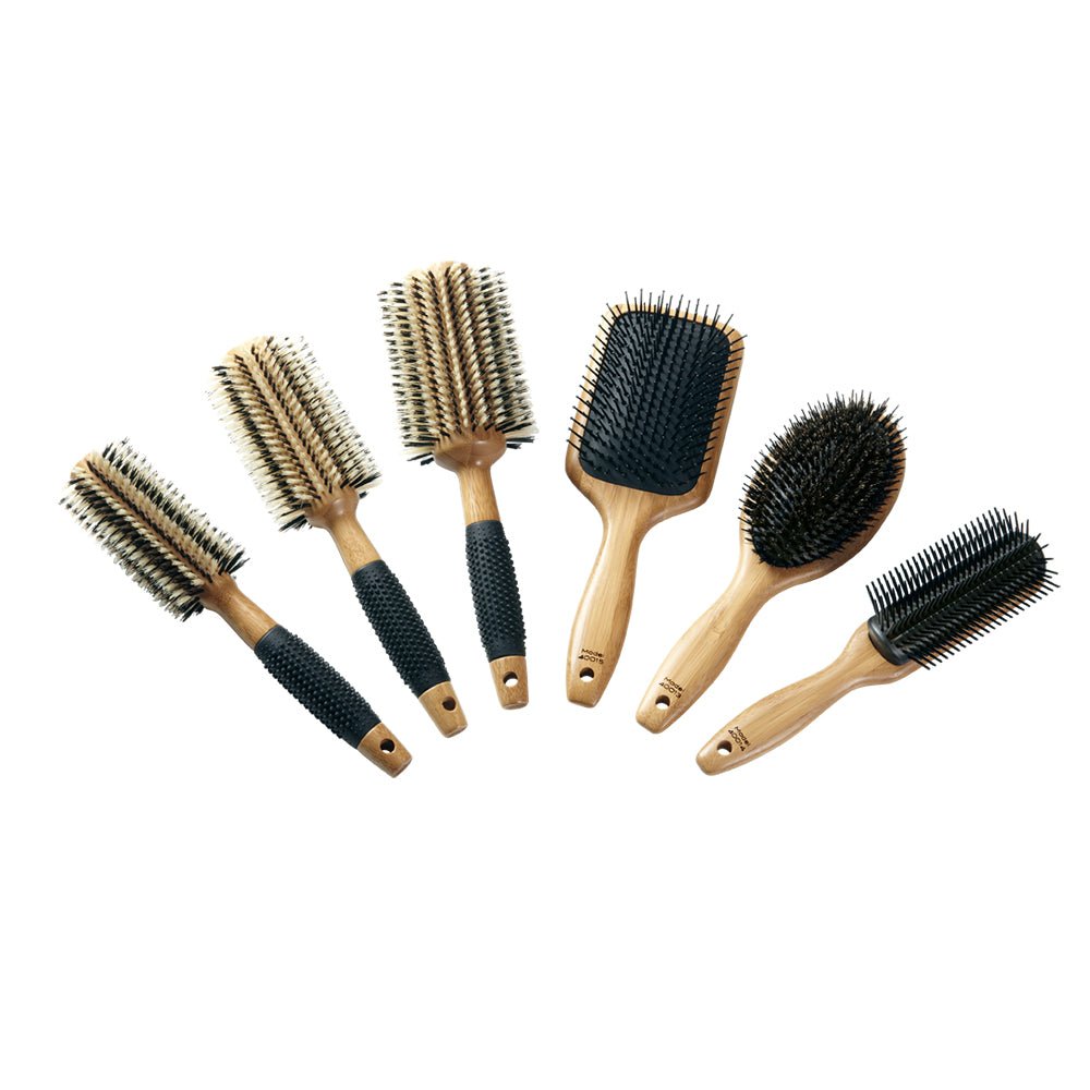 Sam Villa Signature Series Deluxe 6 Piece Brush Set with Case, professional hair brush set with lightweight bamboo handles, includes small round brush, medium oval brush, large oval brush, styling brush, 9-row finishing brush, and paddle brush, tourmaline-infused nylon and 100% first cut boar bristles for smoothing, shine, and conditioning, deluxe zippered travel case for easy storage, perfect for salon stylists and travel