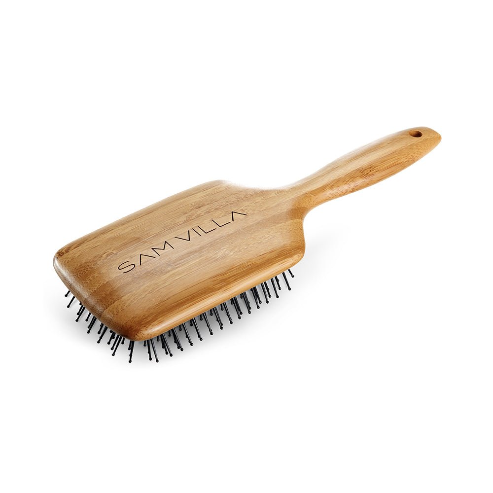 Sam Villa Signature Series Paddle Brush, extra-large paddle brush with ionic nylon bristles for detangling, smoothing, and adding shine, wide shape penetrates long thick hair for faster blowouts, perfect for wrap-drying and ultra-sleek straight finishes, ergonomic handle, professional salon-quality hair styling tool