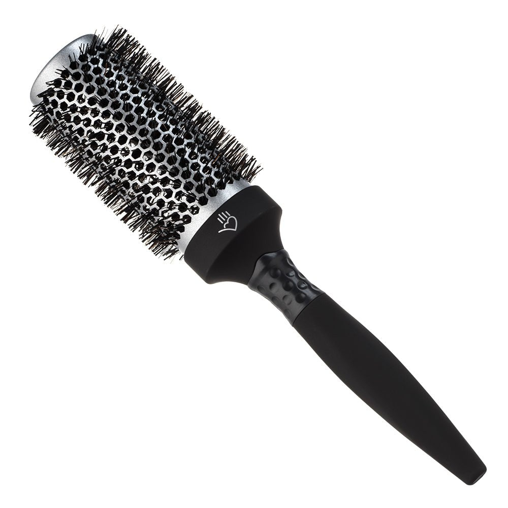 Sam Villa Signature Series Thermal Round Brush, professional thermal styling brush with ceramic barrel, boar and nylon bristles for smoothing, volume, and glossy shine, ergonomic soft-touch handle, comfort thumb grip, heat retention for long-lasting blowouts, best brush for all hair textures and fuller finishes